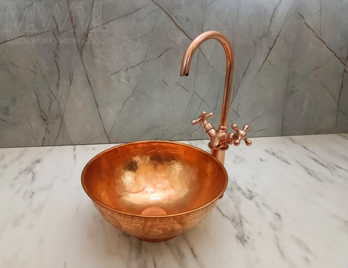 Copper Vessel Sink And Faucet Combo in styled room setting