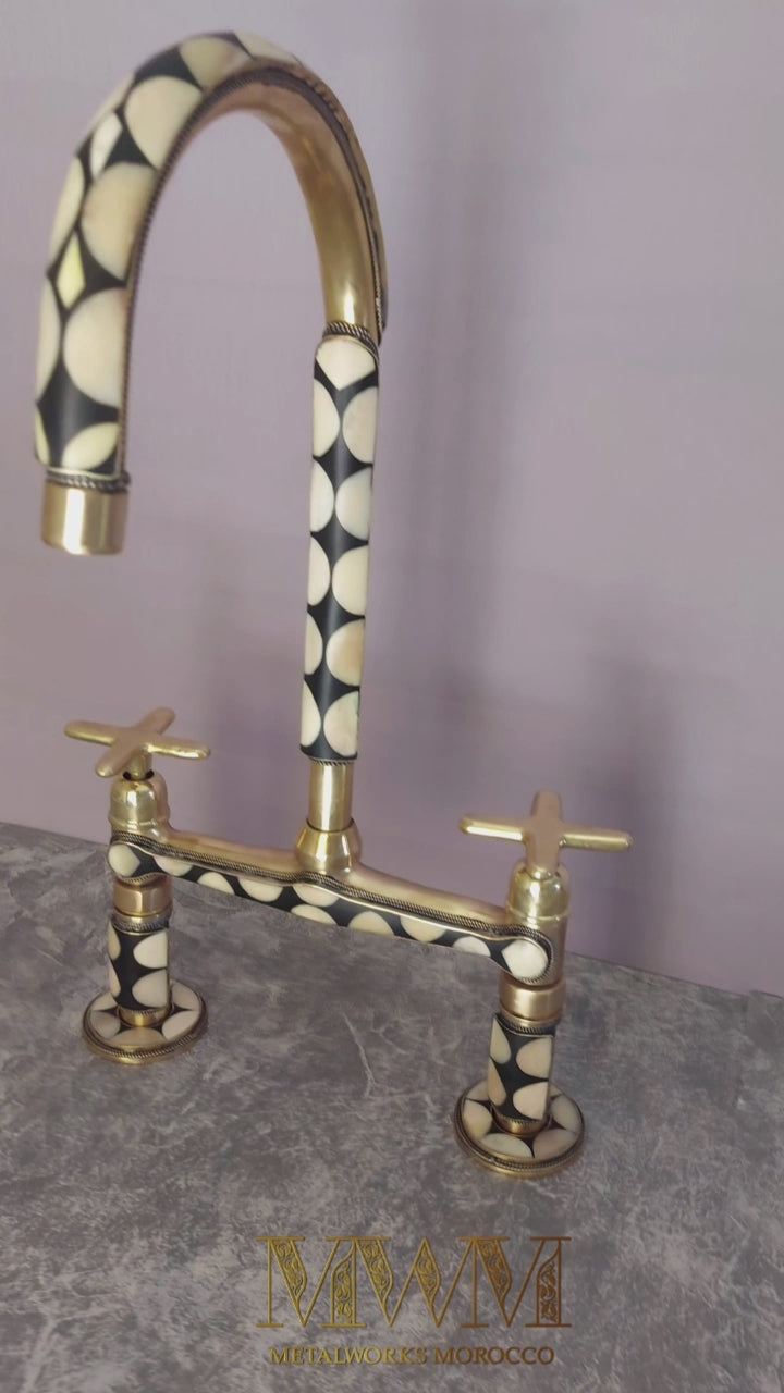 Brass Bridge Kitchen Faucet Studded With Resin