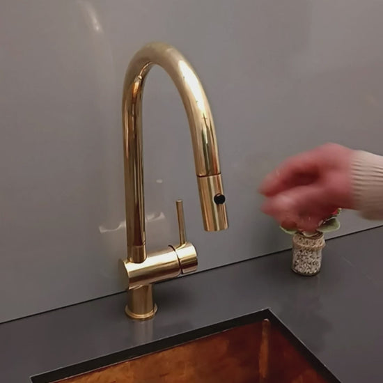 unlacquered brass kitchen faucet with pull out spray