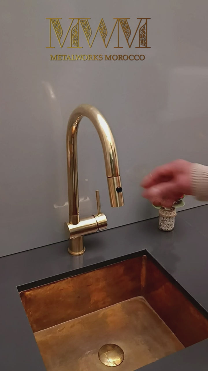 unlacquered brass kitchen faucet with pull out spray