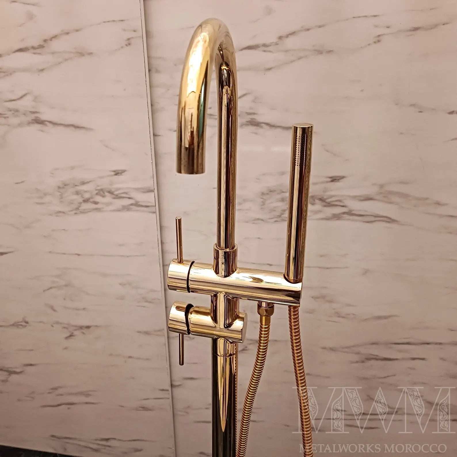 Unlacquered Brass Freestanding Tub Faucet With Handheld Sprayer