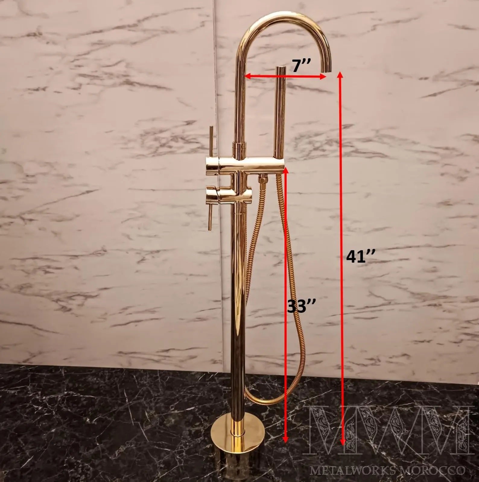 Unlacquered Brass Freestanding Tub Faucet With Handheld Sprayer