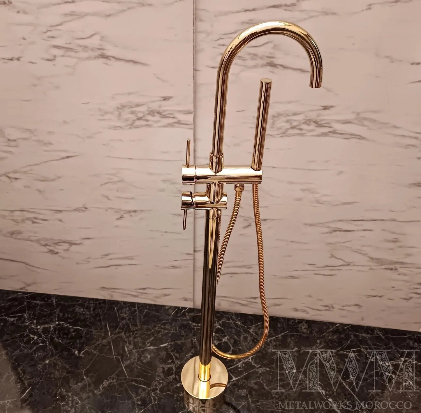 Unlacquered Brass Freestanding Tub Faucet With Handheld Sprayer