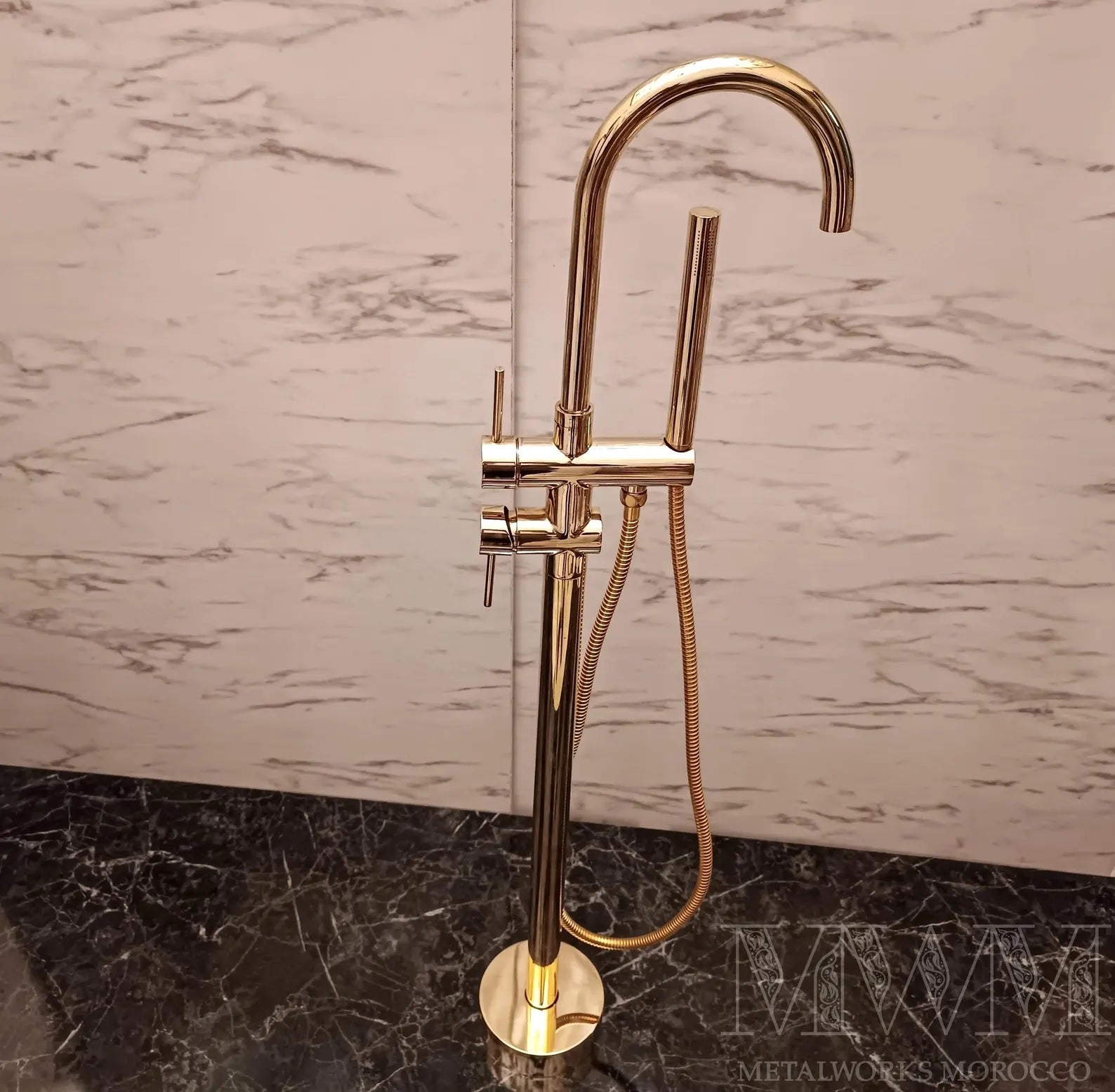 Unlacquered Brass Freestanding Tub Faucet With Handheld Sprayer