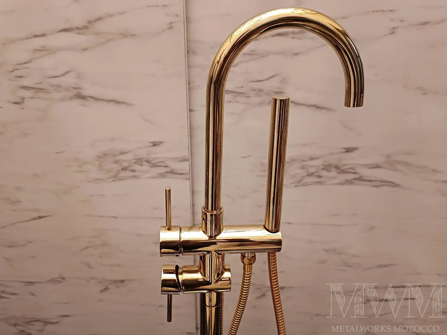 Unlacquered Brass Freestanding Tub Faucet With Handheld Sprayer