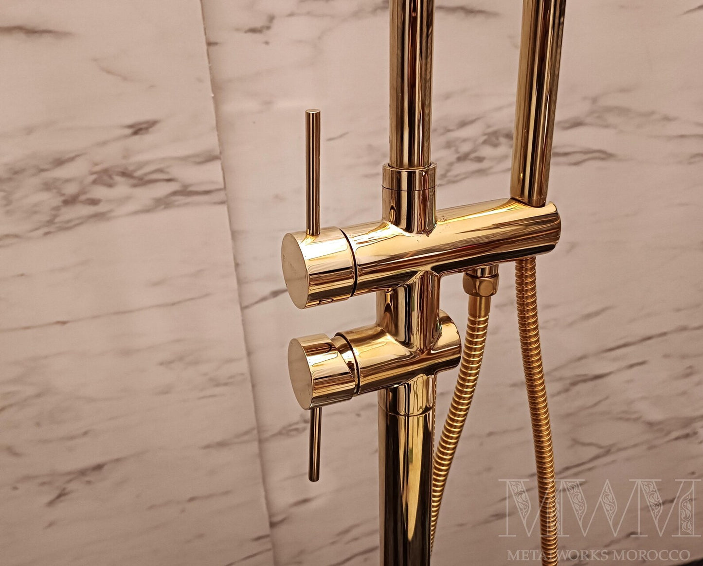 Unlacquered Brass Freestanding Tub Faucet With Handheld Sprayer