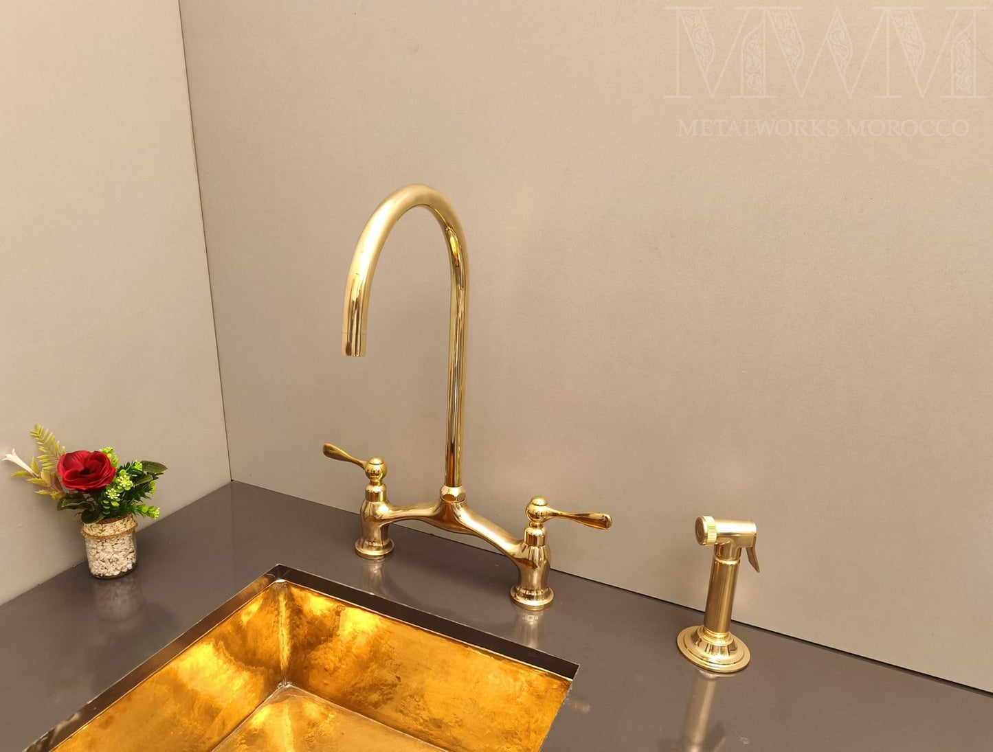 Unlacquered Brass Gooseneck Bridge Faucet with Lever Handles