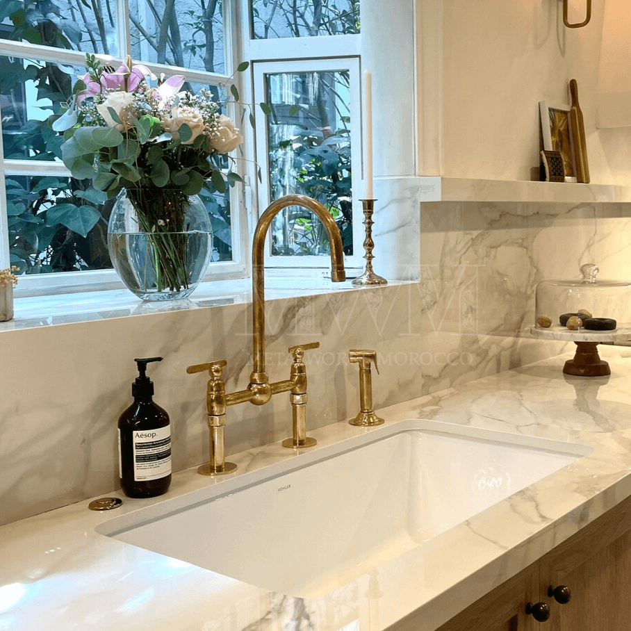 Unlacquered Brass Kitchen Faucet with Sprayer – Bridge Style