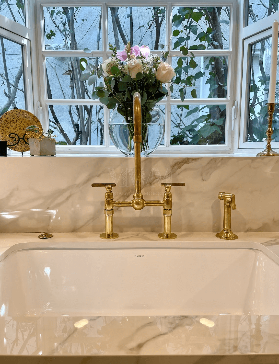 Unlacquered Brass Kitchen Faucet with Sprayer – Bridge Style