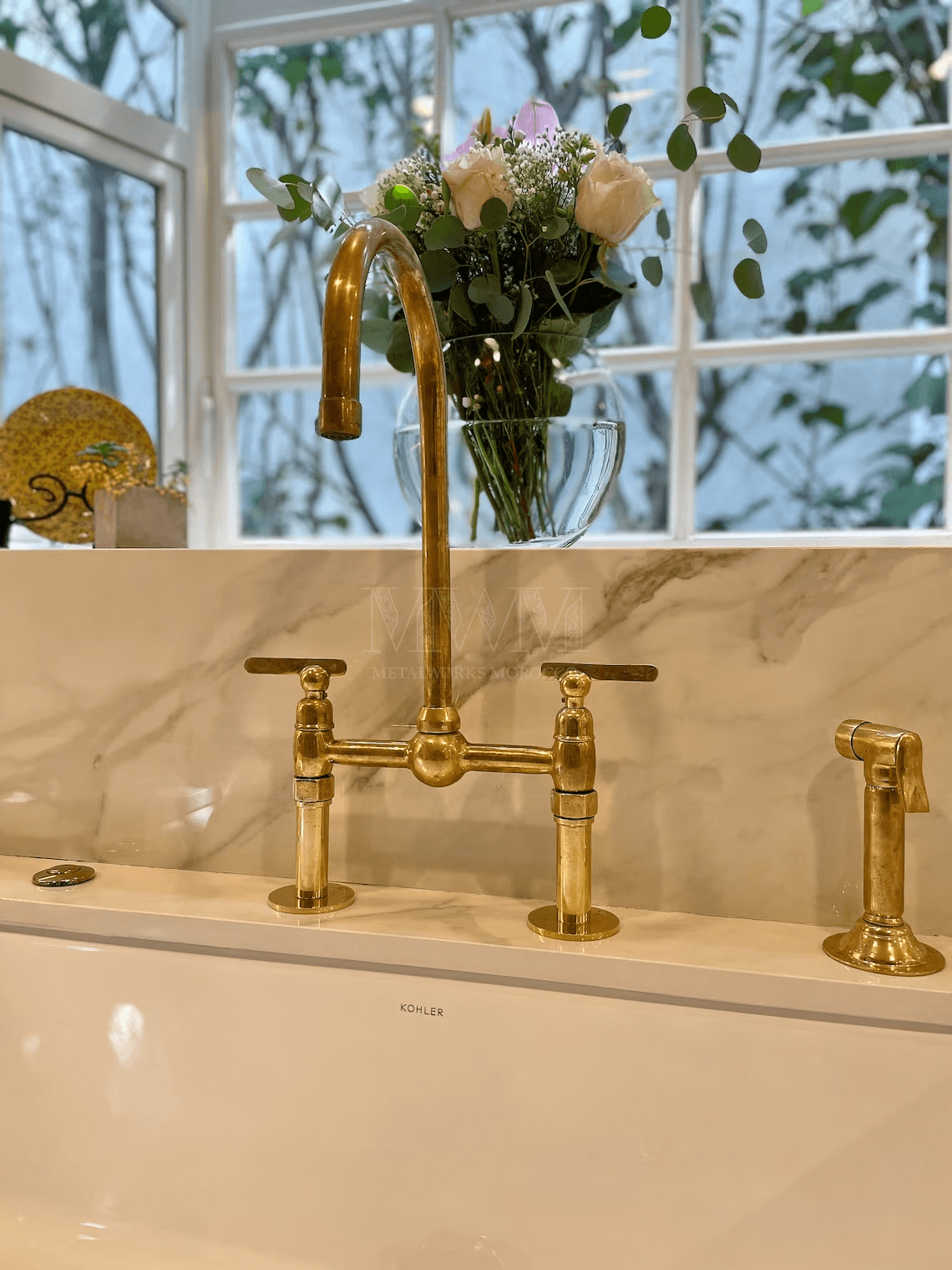 Unlacquered Brass Kitchen Faucet with Sprayer – Bridge Style
