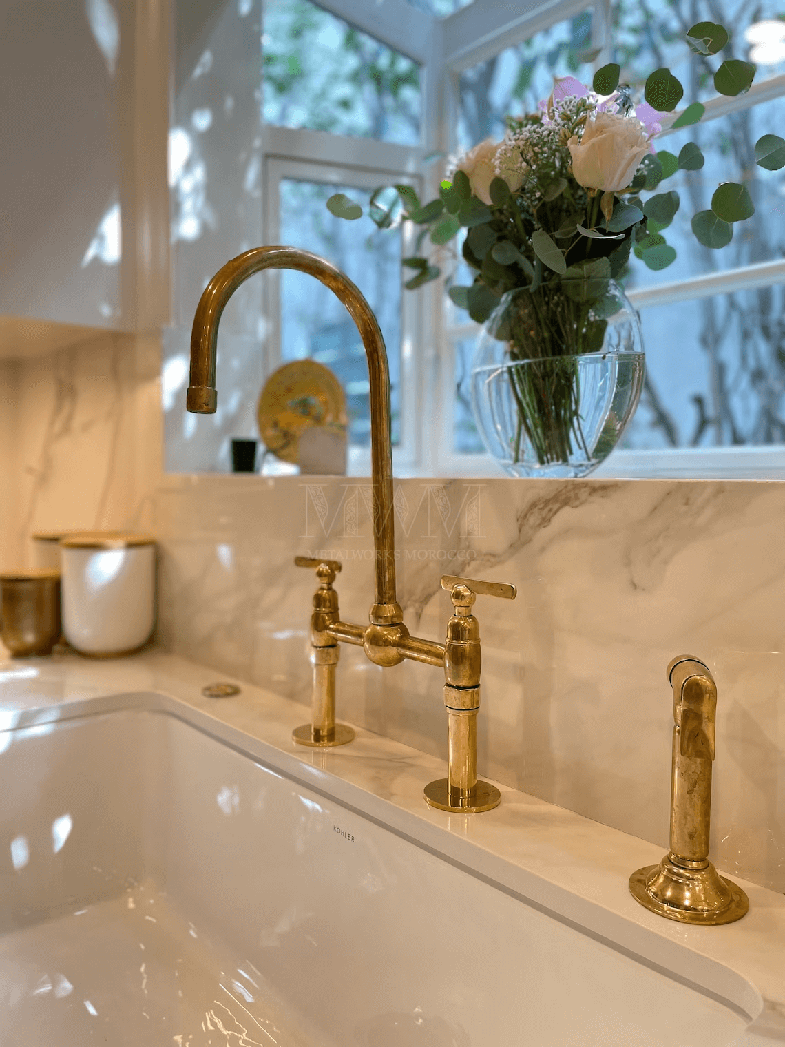 Unlacquered Brass Kitchen Faucet with Sprayer – Bridge Style