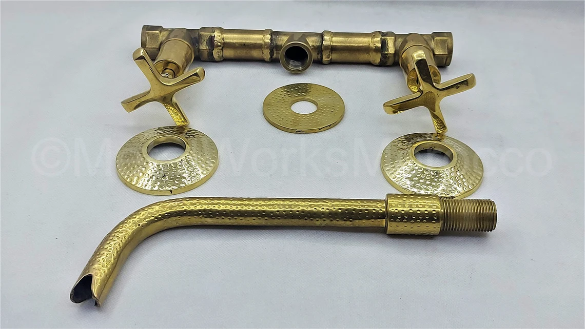 Brass Hammered Wall Mounted Bathroom Faucet With Curved Spout