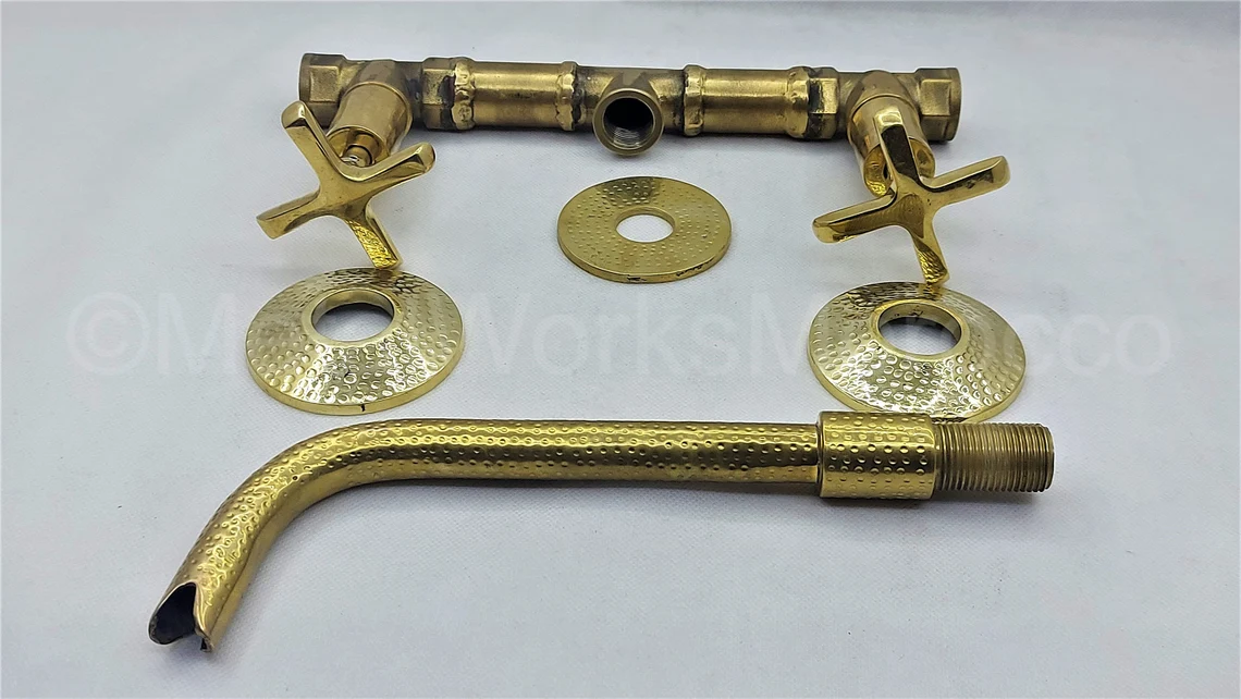 Brass Hammered Wall Mounted Bathroom Faucet With Curved Spout – top view