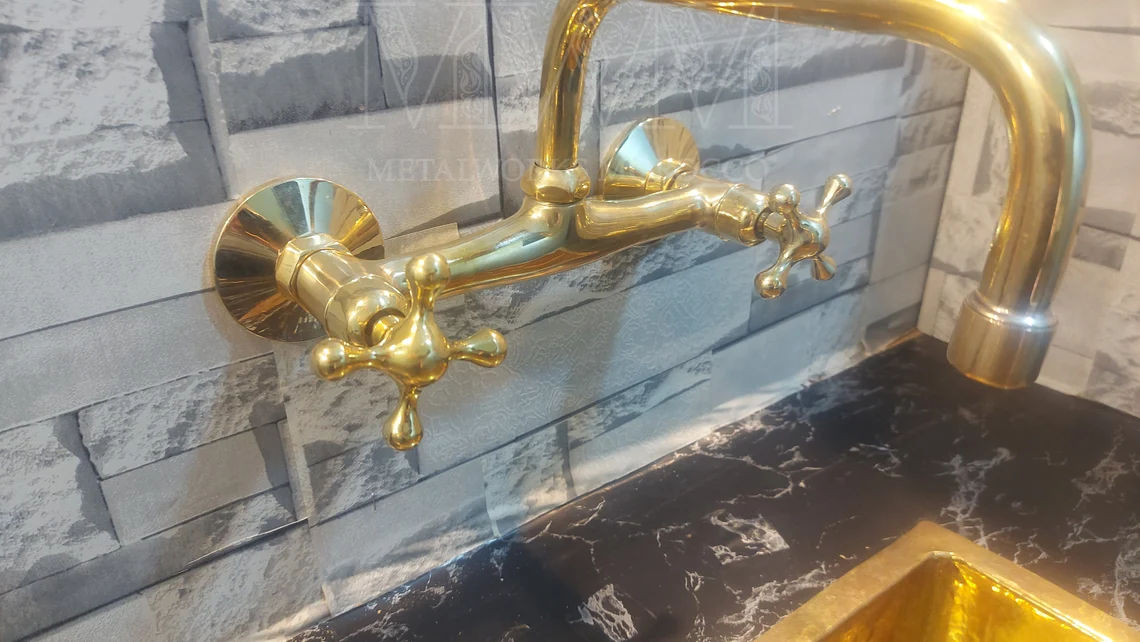 Vintage Brass Wall Mount Kitchen Faucet