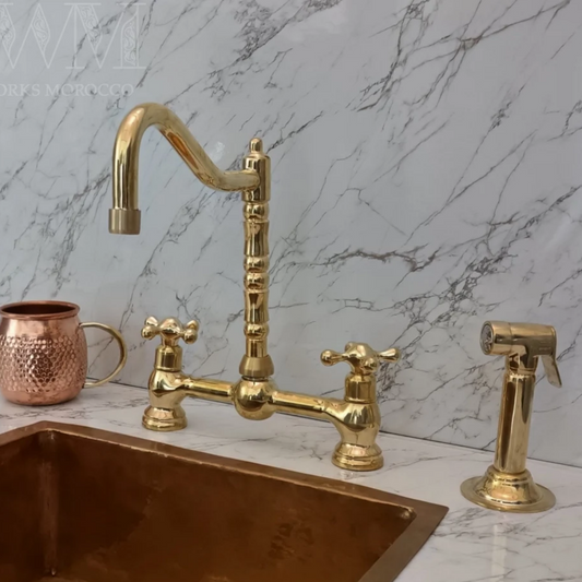 Unlacquered Brass Unique Bridge Faucet With Georgian Spout - Handmade Faucet