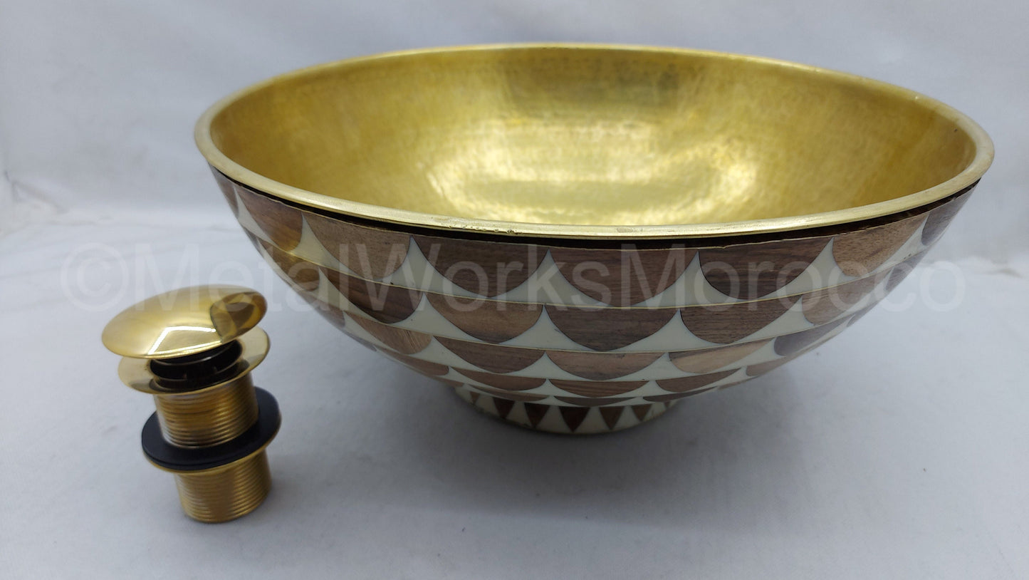 Brass Bathroom Bowl Sink - Handmade Basin Studded With Wood And White Resin