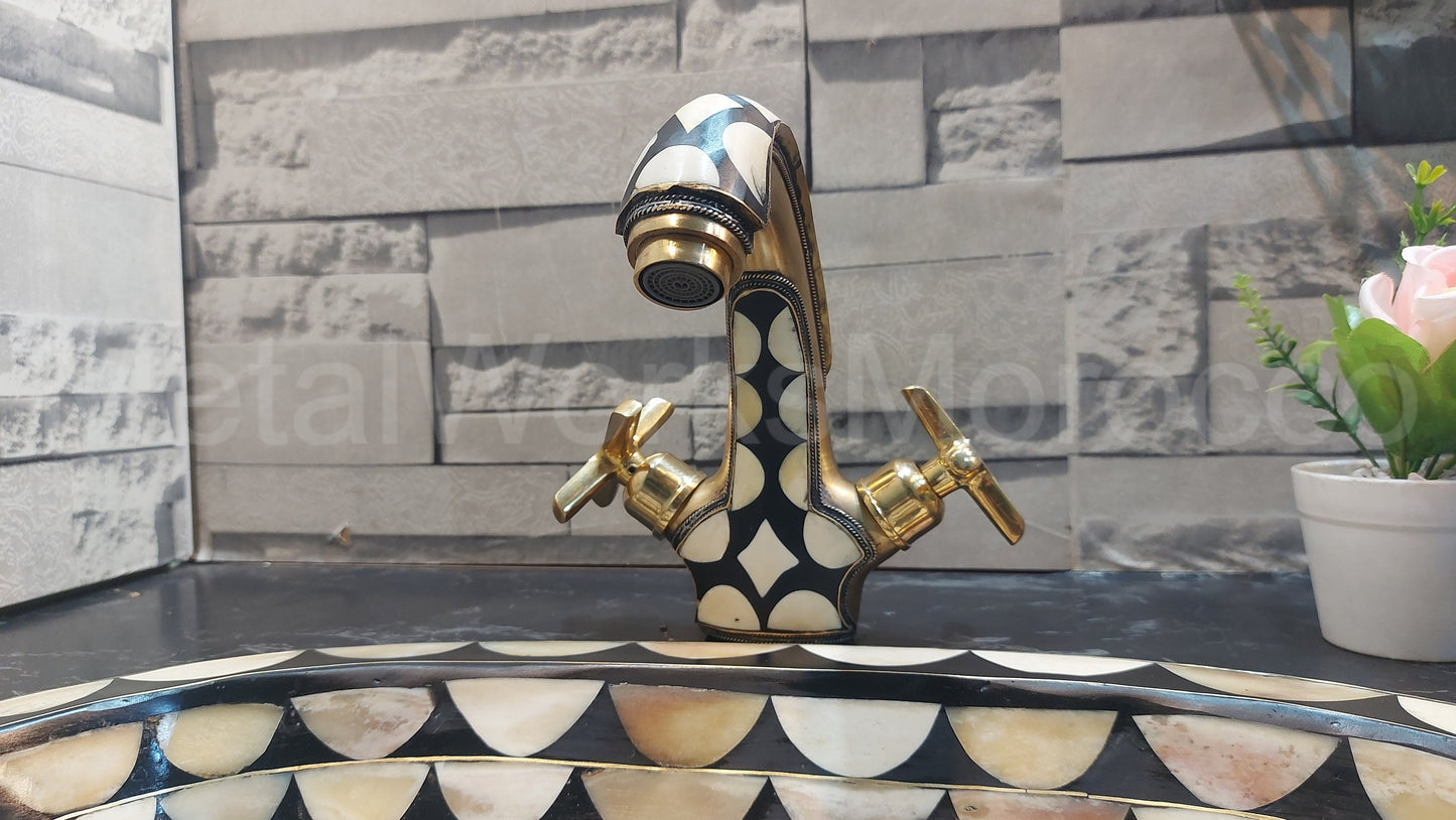 Brass Traditional Sink Faucet Studded With White And Black Resin