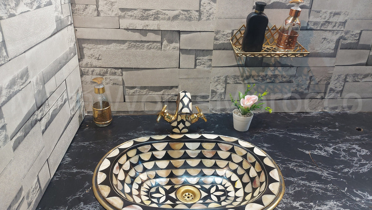 Brass Traditional Sink Faucet Studded With White And Black Resin – side angle view