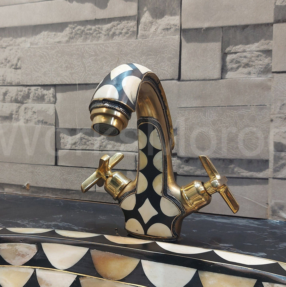 Brass Traditional Sink Faucet Studded With White And Black Resin