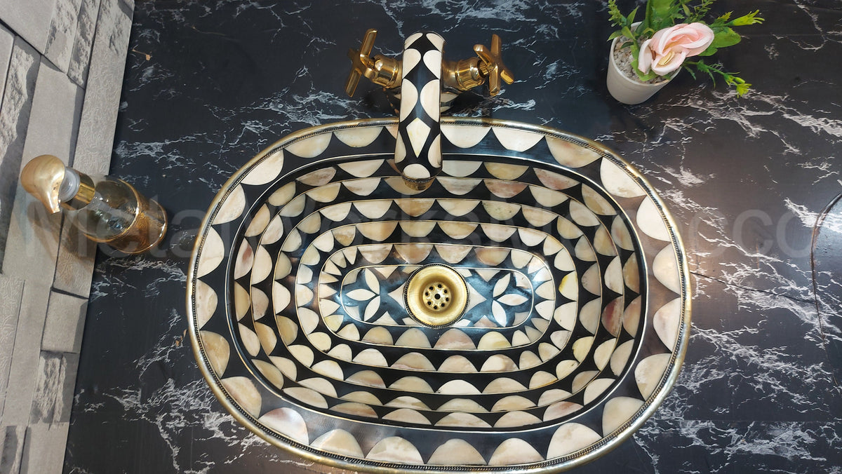 Brass Traditional Sink Faucet Studded With White And Black Resin dimensions and size reference