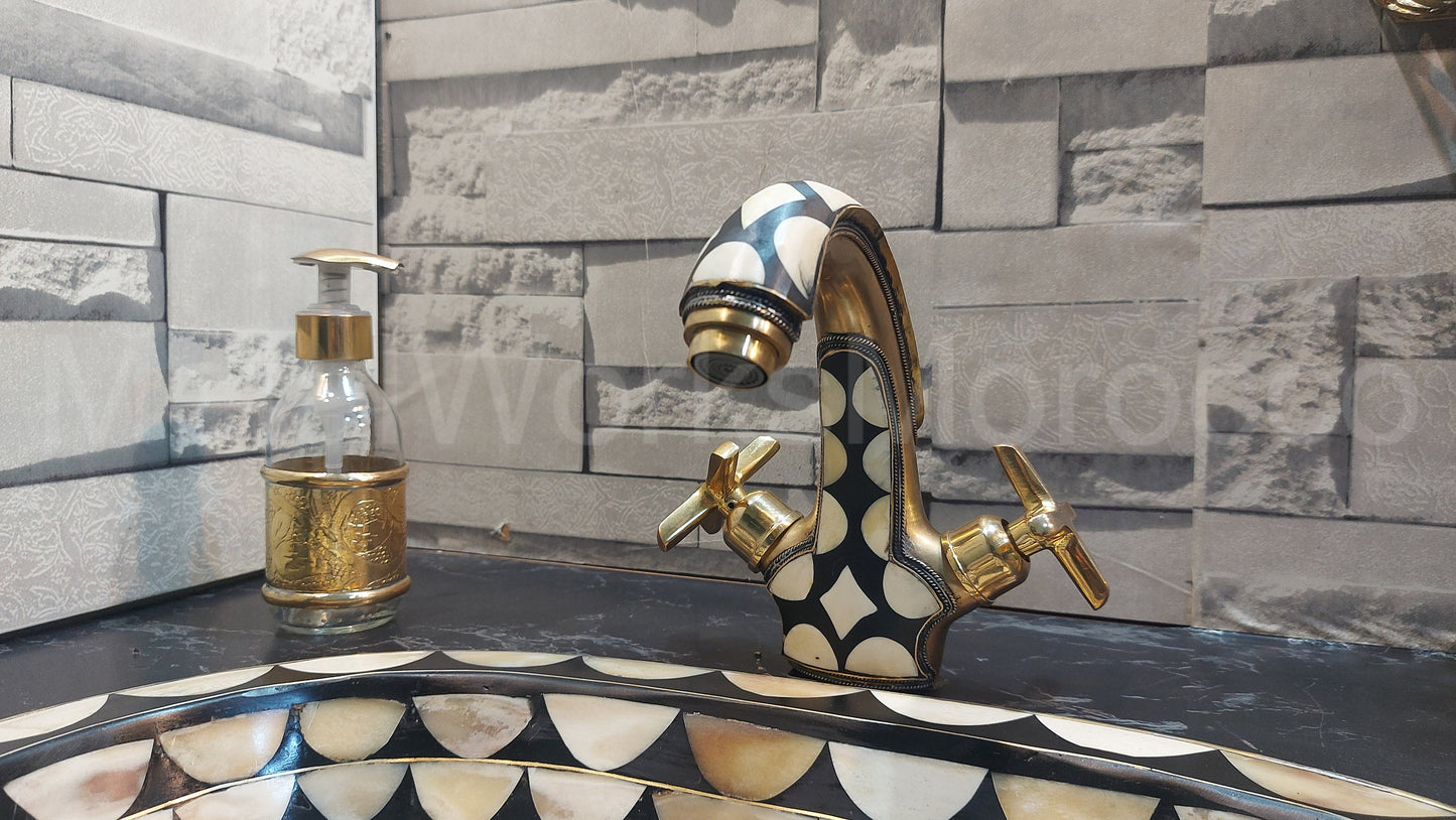 Brass Traditional Sink Faucet Studded With White And Black Resin