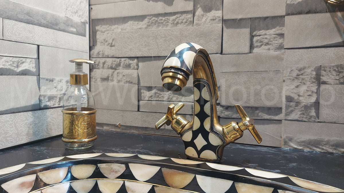 Brass Traditional Sink Faucet Studded With White And Black Resin – close-up detail view