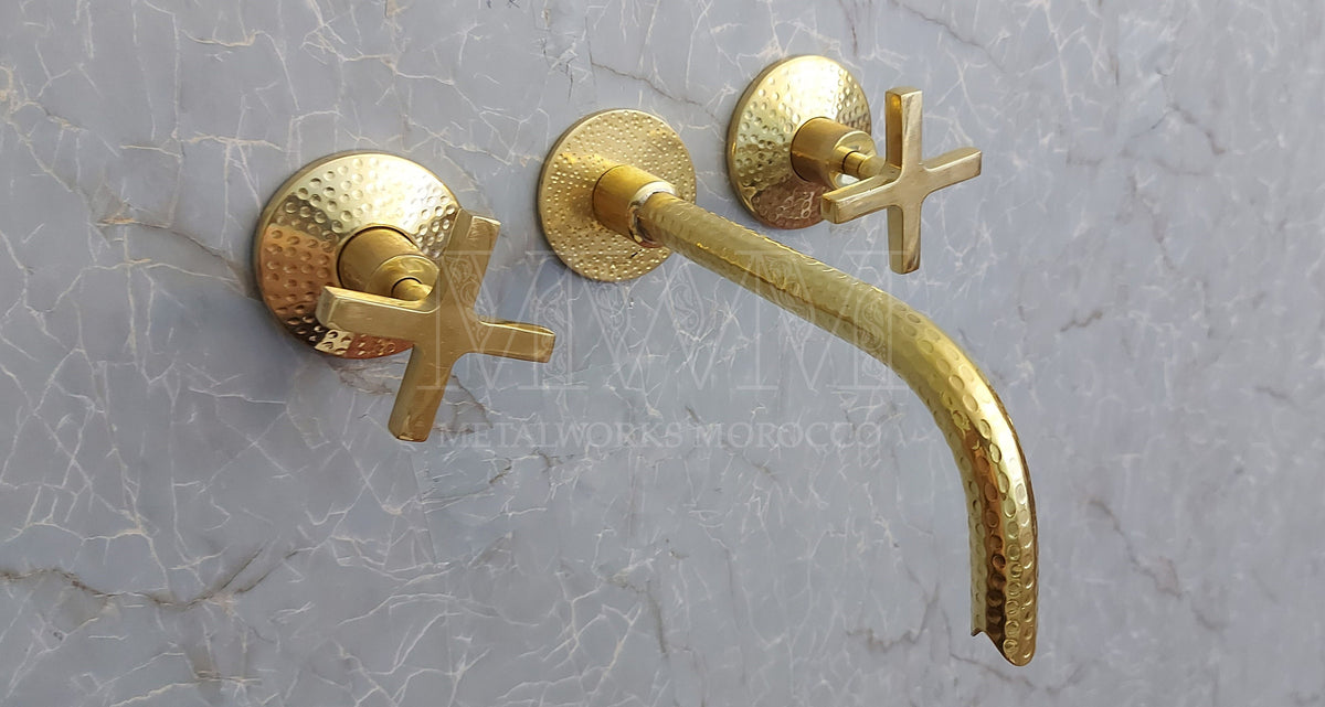 Brass Hammered Wall Mounted Bathroom Faucet With Curved Spout – side angle view