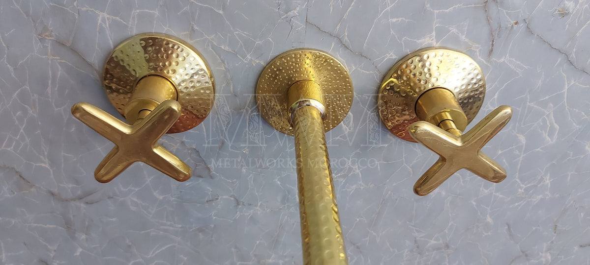 Brass Hammered Wall Mounted Bathroom Faucet With Curved Spout dimensions and size reference