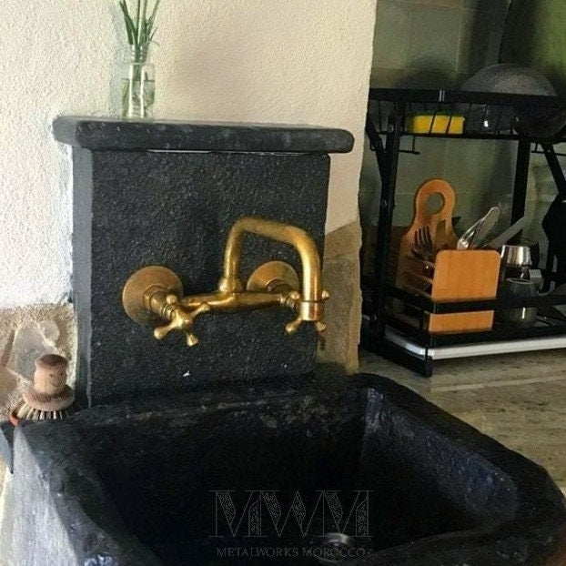 Vintage Brass Wall Mount Kitchen Faucet