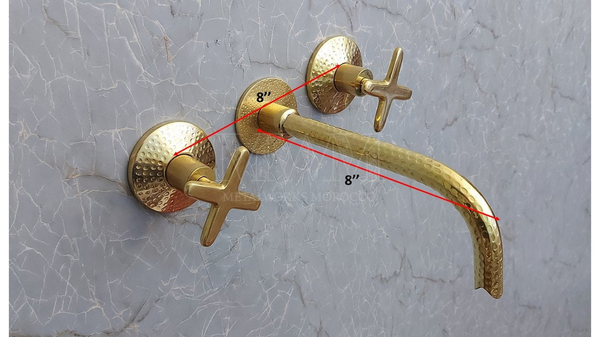 Brass Hammered Wall Mounted Bathroom Faucet With Curved Spout – close-up detail view