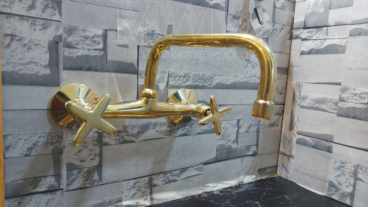 Vintage Brass Wall Mount Kitchen Faucet